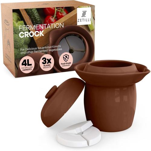 Fermentation Crock Jar Fermenting Crock with Glazed Weights- Onggi Kimchi Pot for Fermenting Delicious Kimchi, Kombucha & Pickles - Stoneware Sauerkraut Crock Pickling Fermenter (4L BROWN)