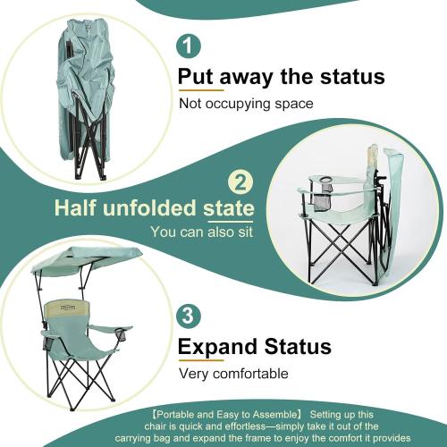 YOUNG WOOD Camping Chair with Canopy, Beach Chair with Shade,Portable,Lightweight Oversized for All, Easy to Open and Close Without Installation, Side Pocket Design for All Outdoor Activities，Blue