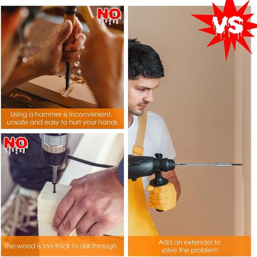 Hotop 4 Pieces 1/4 Extension Drill Bit Set Wood Spade Drill Bit Extension, 6 and 12 Inches with 2 Pieces Key, Use with High-Carbon Steel Wood Spade