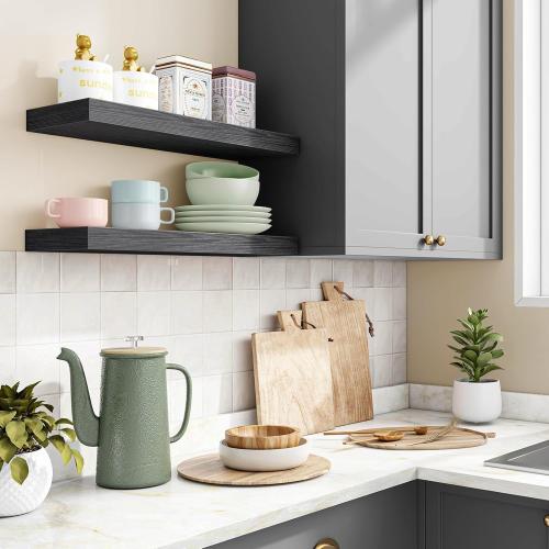 Fixwal Floating Shelves for Wall, 15.7 Wood Wall Mounted Shelves for Living Room, Bedroom, Bathroom and Kitchen, for Storage, Books, Room Decor (Black, Set of 2)