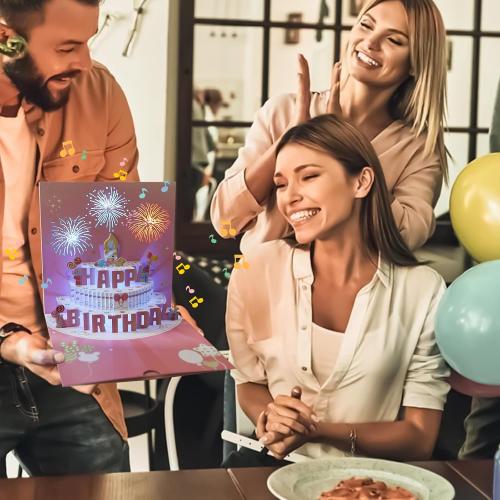 Musical, Firework, 3D Popup Birthday Cards with Light and Music, Blowable, Plays Hit Song 'Happy Birthday', for Women, Men and Kids