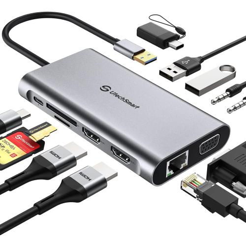 UtechSmart USB Docking Station, 11 IN 1 USB C Dock Triple Display, USB 3.0 Laptop Docking Station with Dual HDMI, VGA, PD, Ethernet, SD/TF, USB 3.0, Mic/Audio, Compatible for MacBook M1 Dell HP Lenovo