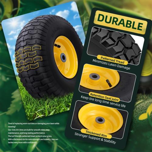 15x6.00-6nhs Lawn Mower Tires (2 Pack),Replacement Riding Lawn Mower Front Tires - With 3 Centered Hub and 3/4 Bushings,Extra 5/8 Bushings(Yellow)