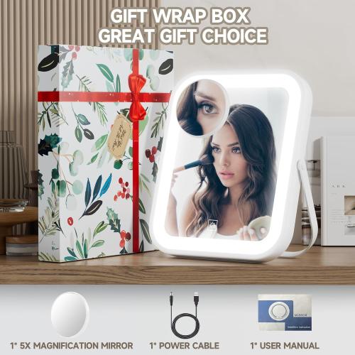 Size 10x8 Color White PRIMETEK LED Vanity Mirror with Gift Box, 10x8 Lighted Hollywood Makeup Mirror, Portable Travel Makeup Mirror with Lights, 3-Color Lighting, 5X Magnification, for Vanity Desk, Bedroom, Gifts for Her