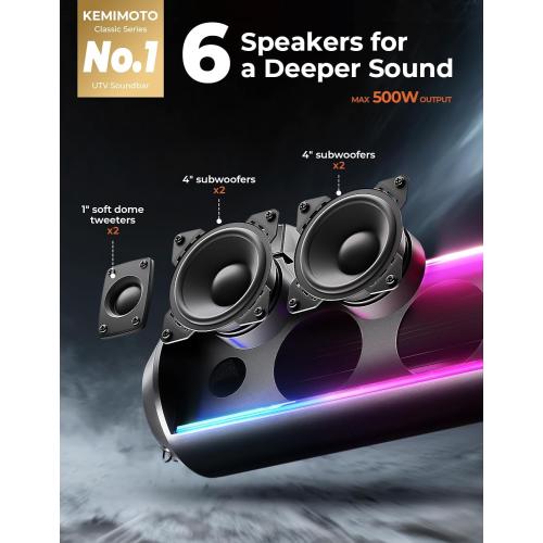 KEMIMOTO UTV Sound Bar 28 Inch ATV Soundbar 4X Subwoofers LED Party Lights Bluetooth Golf Cart Sound Bar 2X Tweeters Compatible with Polaris RZR Can-Am X3 Defender CFMOTO for 1.56- 2.25 Roll Cage