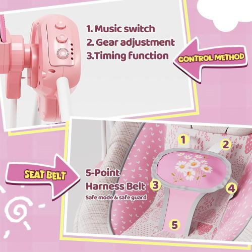 Portable Baby Swing, Pink Electric Infant Swing with 5 Speed Levels, 6 Songs & Timer   Battery-Powered Only (No Batteries Included) Pink and White