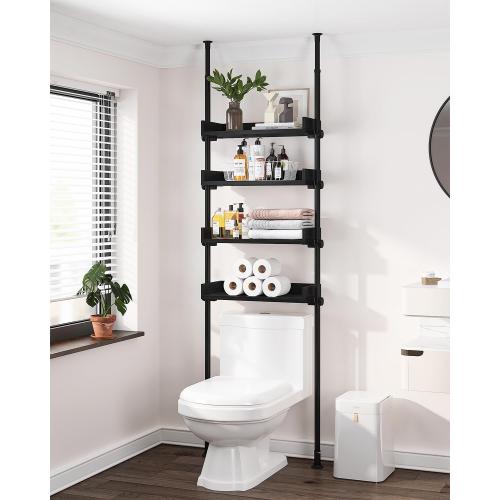 ALLZONE 4 Tier Over The Toilet Storage, Adjustable Wood Over Toilet Bathroom Organizer, Freestanding Shelves, Fit Most Showers Over The Toilet Shelf, 92 to 116 Inch Tall, Black