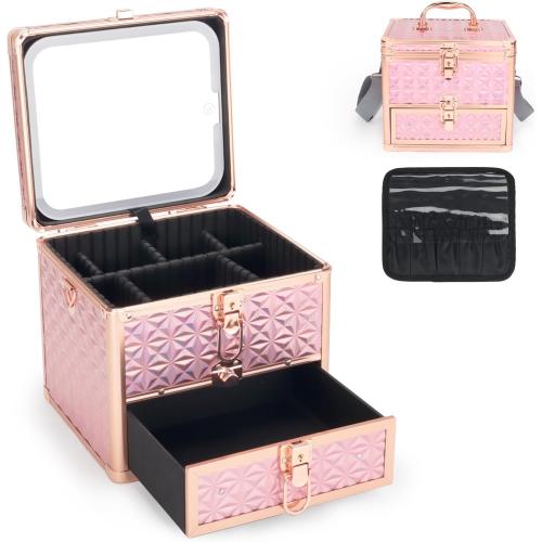 Makeup Case with Drawer, Detachable Lighted LED Mirror, Travel Vanity Organizer, Portable Cosmetic Train Case, Lockable Makeup Suitcase with Adjustable Dividers, Shoulder Strap, Brush Holder