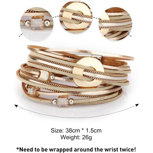 Fesciory Leather Wrap Bracelets for Women, Boho Leopard Multi-Layer Crystal Beads Cuff Bracelet Jewelry