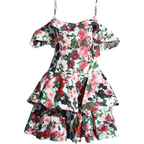 Women's XL Floral Printing Mini Dress Square Collar Sleeveless High Waist Ruffles Dresses
