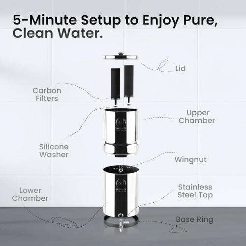 2.25 G | Gravity Water Filter | NSF Certified | AISI 304 Stainless Steel Countertop Water Filter | 2 Carbon Filters | Steel Spigot | Manual Install | No Electricity or Plumbing Required | Portable