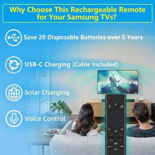 Rechargeable TV Remote for Samsung Smart TVs, Replacement for All 2019-2025 Samsung TV Remote Control with Voice Control. USB-C Fast Charging. Solar Charging. 2-Year Warranty.