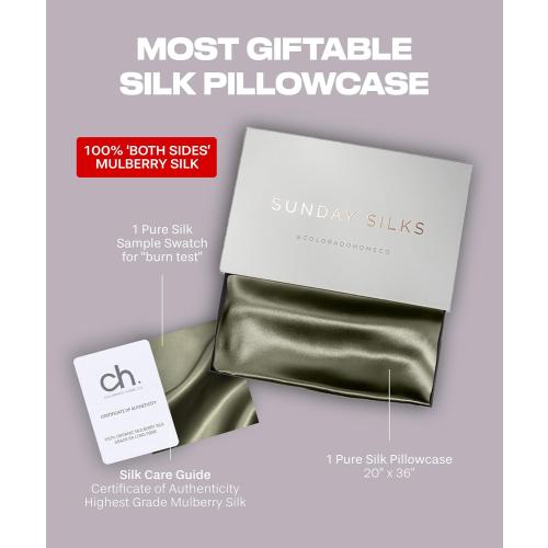 SUNDAYSILKS™ Premium Silk Pillow Cases | 100% Mulberry Silk Pillowcase with Zipper, All Sides Real 22 Momme Grade 6A Silk, Standard Queen, King Size [Olive]