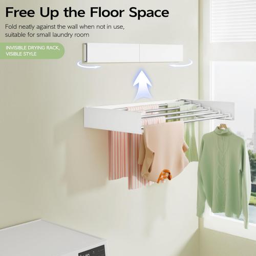 Wall Mounted Clothes Drying Rack 32, Foldable Wall Mount Laundry Rack Folding Indoor, Drying Rack Clothing Collapsible, Hidden Space Saver with Wall Template, 5 Rods, White