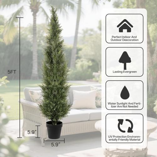 5FT Artificial Cedar Topiary Trees, 2Pack Lifelike UV Protected Faux Cedar Tree Fake Cypress Trees Evergreen Plants for Front Door Decor, Porch, Garden, Entryway