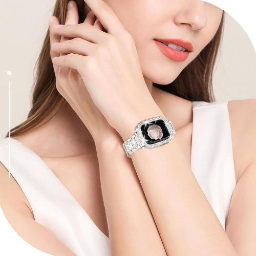 Bling Watch Bands with Bling Case for Women Compatible with Apple Watch Band 49mm Elegant Dressy Jewelry Replacement Metal Link Wristband Protector Cover for iWatch Series Ultra 3/2/1 Starlight