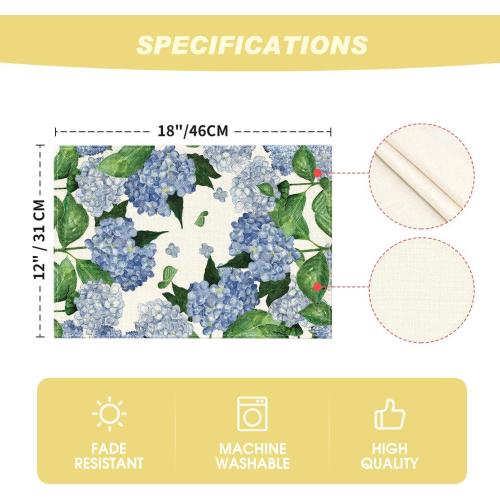 Artoid Mode Watercolor Hydrangea Placemats for Dining Table, 12 x 18 Inch Spring Summer Seasonal Decoration Rustic Washable Table Mats Set of 4 Purple