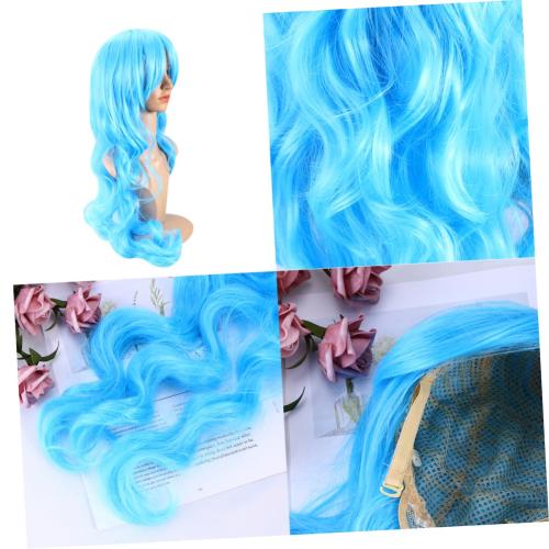 Vaguelly Colorful Long Wave Curly Hair Wig with Bangs Sky Blue Cosplay Wig for Women for Daily Wear and Stage Performance Safe Comfortable
