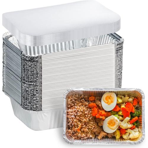 Aluminum Pans with Lids (50-Pack, 8.5×6) 1LB Capacity Foil Food Containers with Lids - 50 Pans and 50 Cardboard Covers - Disposable Tin Foil Pans - for Baking, Meal Prep and Freezer, Takeout