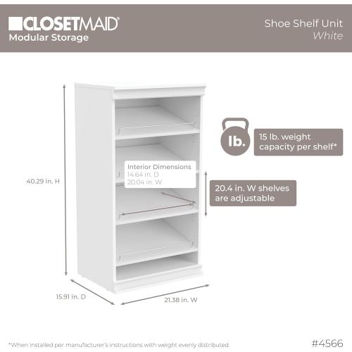 ClosetMaid Modular Storage Angled Shelves, Wood Closet Organizer Adjustable, Stacking, Full Backer, Decorative Trim, White, Shoe Shelf Unit