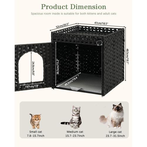 SETVSON Cat Litter Box Enclosure Furniture, Hidden PE Rattan, Black | PE Rattan Kitty House with Top Fence, Fits Standard Litter Box, Included Litter Mat, 2 S-Hooks, Sturdy Metal Frame