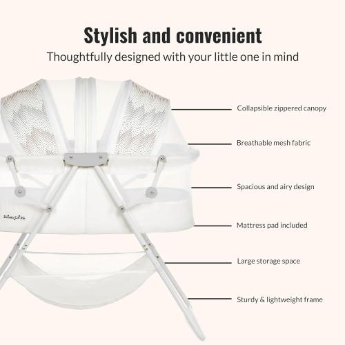 Dream On Me Karley Bassinet, Award Winner Lightweight Travel Baby Bassinet, Foldable Bedside Sleeper, Adjustable Double Canopy, Spacious Design, Soft Fabric, Storage Basket – Dove White