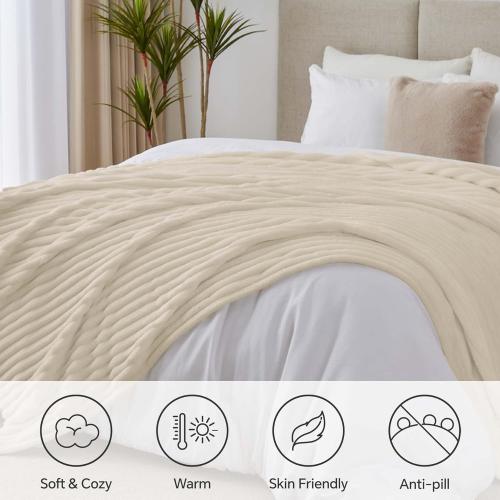 BEDELITE Queen Size Blanket for Bed, 300GSM Soft & Warm Fleece Beige Blanket, Decorative and Giftable Striped Blankets for Women, Men, 84x90