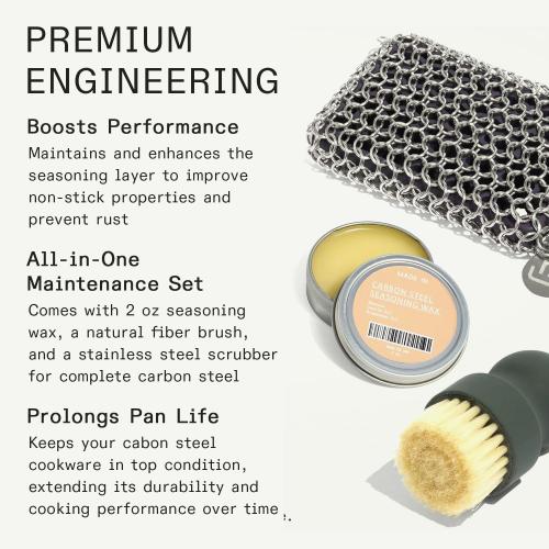 Made In Cookware | 3-Piece Carbon Steel Cleaning Set | Includes Chain Mail Scrubber, Cleaning Brush and Carbon Steel Seasoning Wax