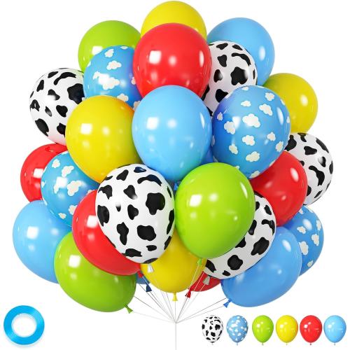 Toy Kids Birthday Balloons, 12 Inch Red Yellow Blue balloons With Cow Print Sky Light Blue Cloud Balloon, Lime Green Balloon for Toy Birthday Decorations Boys Girls Party Decorations
