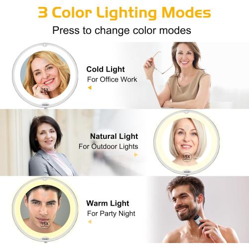 Flexible 15X Magnifying Suction Mirror - Dimmable LED Vanity Mirror, Power Suction Cup, Portable for Home Bathroom - Ideal for Detailed Makeup Eyeshadow Eyeliner (Large)