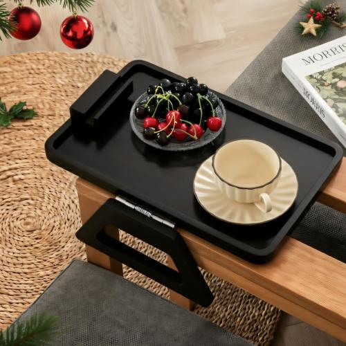 VICTORY RELAX Acacia Wood Arm Table (15.35 D x 9.8 W x 5.7 H), Couch Arm Tray for TV Dinners, Remote, Foldable Armrest Organizer, Rectangular Sofa Armrest Tray - Black