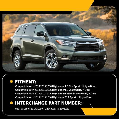 Jecoupoon 811500E250 811100E250 Halogen Headlight w/o Bulbs Compatible with 2014-2016 Highlander LE Plus/LE/Limited/XLE Driver & Passenger Side