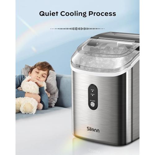 Nugget Countertop Ice Maker - Silonn Chewable Pellet Ice Machine with Self-Cleaning Function, 33lbs/24H, Ice Makers for Home Kitchen Office, Stainless Steel