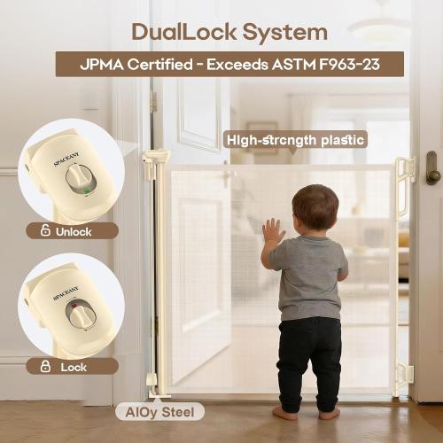SPACEANY Retractable Safety Baby Gate or Mesh Dog Gate,Durable Portable Mesh Retractable Gate,Easy to Use for Stairs, Doorways, Hallways, Indoor, Outdoor, 33.5 Tall, Up to 45 Wide, Cream