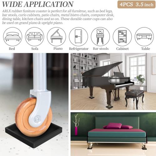 Furniture Coasters Caster Cups Rubber 3.5 inch Square No Slip Pads Hardwood Floors Protectors-for Furniture Legs Sofa Bed Piano Chair Feet Prevent Sliding Stoppers (4, Black Square 3.5 inch)