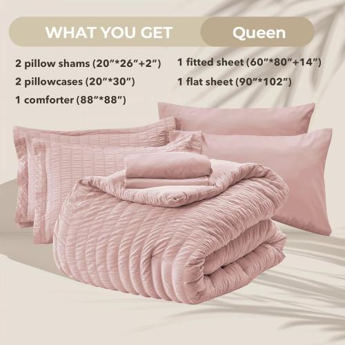 Light Pink Large Comforter Set Seersucker 7 Pieces, All Season Luxury Bed in a Bag for Bedroom, Bedding Set with Comforters, Sheets, Pillowcases & Shams