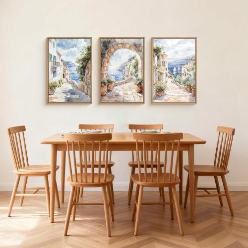 LHIUEM Watercolor Italy Coast Framed Canvas Wall Art,Modern Europe Countryside Wall Decor,Seascape Painting,Neutral Mediterranean Artwork for Living Room,Bedroom,Dining Room -16x24x3