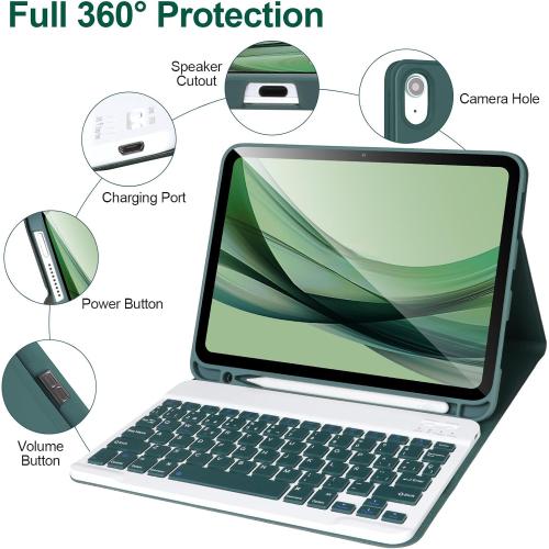 for iPad 11/10th Generation Case with Keyboard,Detachable Bluetooth Keyboard case for iPad A16 2025 11 inch/10th Gen 2022 10.9’’ with Pencil Holder, Square Keycaps,Green1