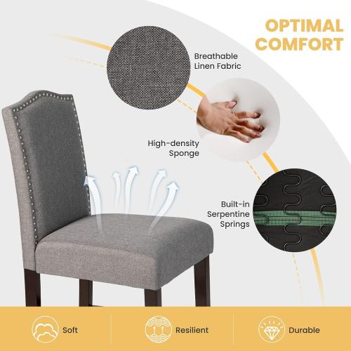 Size 17.5” x 21” x 41” Set of 2 Color Grey COSTWAY Bar Stools Set of 2, Linen Upholstered Counter Height Chairs with Solid Rubber Wood Legs, 25” Kitchen Island Wood Bar Chairs with Nail Heads Decorations, for Kitchen, Bistro, Café (2, Grey)