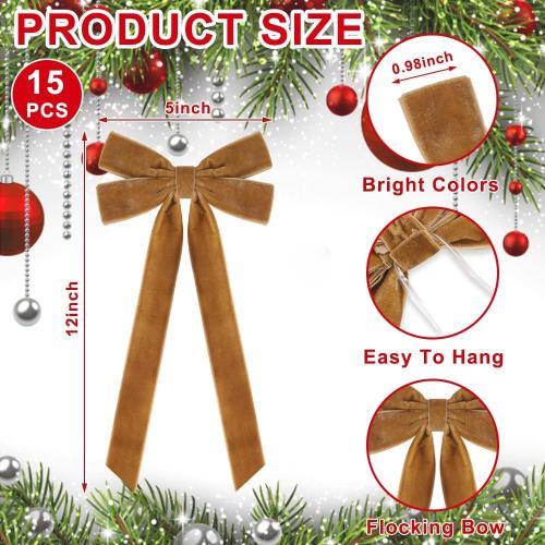 JOICEE 15Pcs Christmas Velvet Bows Ornament, 5 x 12 Inch Wreath Crafts Bows Christmas Tree Ribbon Bows for Xmas Holiday Home Party Garland Indoor Outdoor Decorations(Khaki)