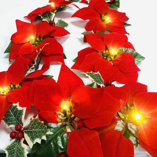 Poinsettia Christmas Flowers Decorations Garland String Lights 6.56FT 10LED Xmas Tree Artificial Ornaments with Red Berries Holly Leaves