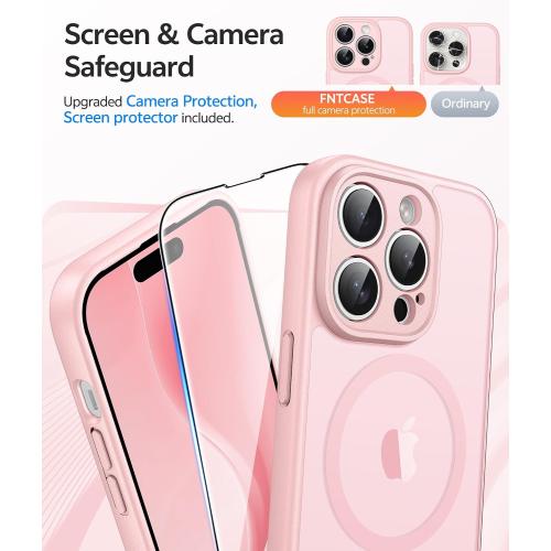 FNTCASE for iPhone 14 Pro Max Case: [Compatible with Magsafe] Translucent Matte Cases with [Full Camera Protection] [Screen Protector] Military Grade Shockproof Protective Phone Cover - Light Pink