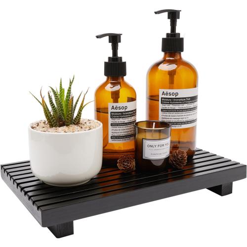 Renawe Black Bathroom Counter Tray Organizer Wood Riser Stand Kitchen Countertop Trays Wooden Pedesta Display Dish Soap Dispenser Holder for Bathroom Decor Sink Accessories Vanity Tray