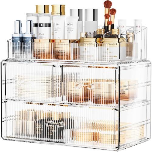 ZHIAI Stackable Cosmetic Organizer, Acrylic Cosmetic Organizer for Dresser, Vanity, Kitchen Cabinet, Bathroom, Under Sink, Home Organization and Storage (1 Top 3 Drawers)