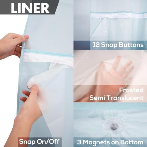 River Dream Extra Long No Hook Slub Textured Shower Curtain with Snap-in PEVA Liner Set - 71 x 86(84), Hotel Style with See Through Top Window, Blue Fabric Curtain & Waterproof Liner, Blue, 71x86