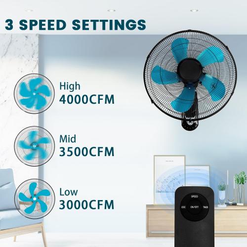 20 Inch Wall Mount Fan with Remote, 3-speed Wall Oscillating Quiet Fan with 5 Blades, Adjustable Tilt and Timing, High Velocity Wall-Mounted Fans for Bedroom, Gym, Office, Warehouse, Garage, SILVER, see the pictures