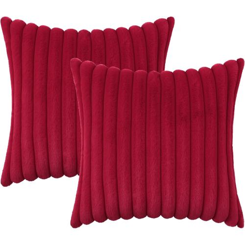 decorUhome Faux Fur Christmas Throw Pillow Covers 24x24 Set of 2, Decorative Soft Plush Striped Neutral Couch Euro Pillow Covers with Velvet Back for Sofa, Bed, Living Room Home Decor, Red