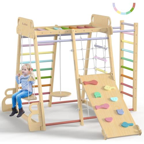 Upgraded Indoor Jungle Gym 9-in-1 Playground Kids Climbing Toys | Waldorf Style Wooden Climber Playset with Slide, Swing, Monkey Bars, Upright/Rope Ladder, Climb Net, Rainbow