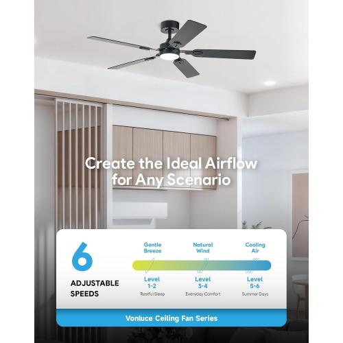 Black 52 VONLUCE Ceiling Fans with Lights and Remote, 52 Ceiling Fan with 5 Blades, 6-Speeds Noiseless Reversible DC Motor for Farmhouse Bedroom Indoor, Black