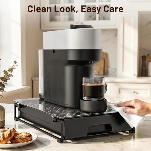 EVERIE Nespresso Vertuo Pod Holder Drawer, Coffee Pod Organizer with Universal Slots, Holds 40 Large or 52 Small Capsules, Tempered Glass Top Storage Drawer for Coffee Makers, 12 x 16.5 x 3.5